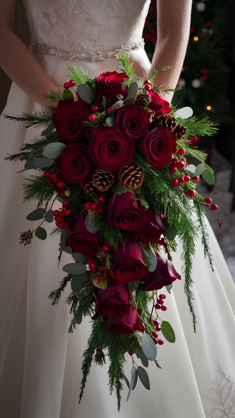 Stunning Cascading Red Rose Bouquet Christmas Cascade Bouquet, Bridal Bouquet Christmas Wedding, Red Cascade Bridal Bouquet, Christmas Bridal Bouquet Winter Bride, Red Rose And Eucalyptus Bouquet, Wedding Bouquets Waterfall, Red Flower Wedding Bouquet, Winter Flowers For Wedding, Red Green Wedding Theme