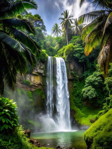 Water Falls Beautiful Waterfalls, Waterfall Jungle, River With Waterfall, Fantasy Waterfall Forest, Jungle With Waterfall, Rainforest Waterfall, Jungle Waterfall, Tropical Waterfall, Moon Over Water