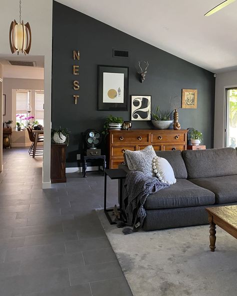 Dark Living Room Designs, Grey Accent Wall Living Room, Grey Tiles Living Room, Dark Floor Living Room, Grey Flooring Living Room, Dark Walls Living Room, Scottsdale Home, Dark Living Room, Dark Grey Living Room