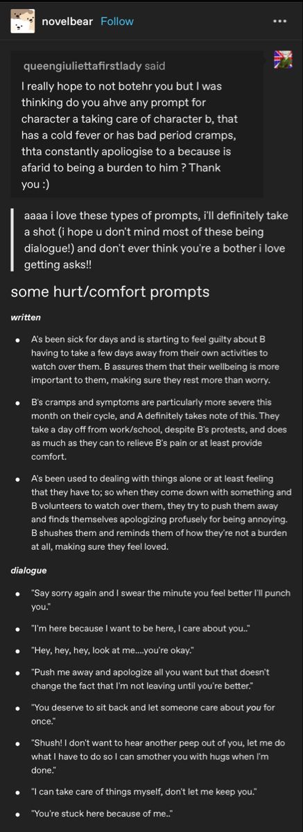 Period Writing Prompts, Writing A Sick Character, Sick Comfort Prompts, Hurt Prompts, How To Write Sick Characters, Sickfic Prompts, Writing Sickness, Sickness Prompts, Sick Prompts