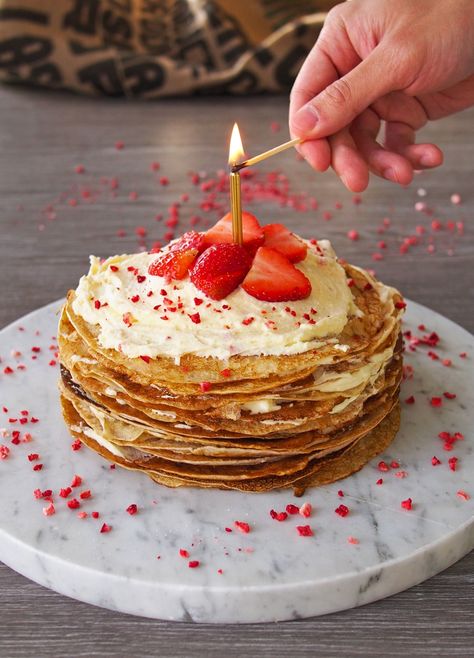 Strawberries and Cream Crepe Cake | The Worktop Birthday Cake Alternatives, Healthy Birthday Cakes, Healthy Birthday, Cakes To Make, Dessert Alternatives, Adult Birthday Cakes, Crepe Cake, Healthy Cake, Köstliche Desserts