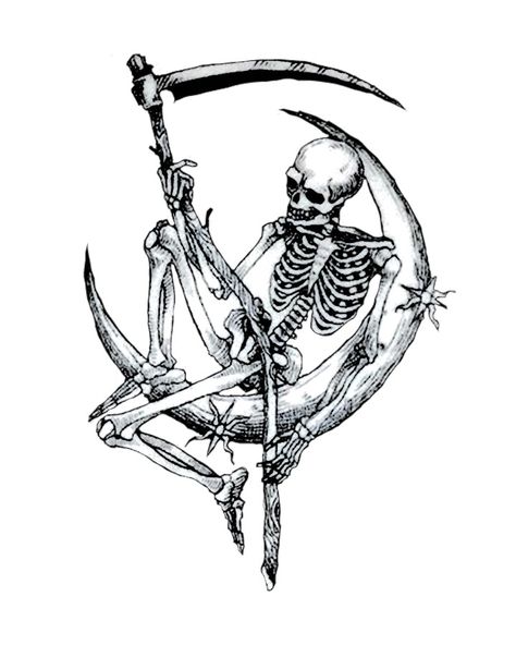 Skeleton On Moon Tattoo, Goth Music Tattoo, Overgrown Skull Tattoo, Men Skull Tattoos, Syth Tattoo Design, Moon And Skull Tattoo, Metal Head Tattoos, Gothic Tattoo Ideas For Men, Hummingbird Skull Tattoo