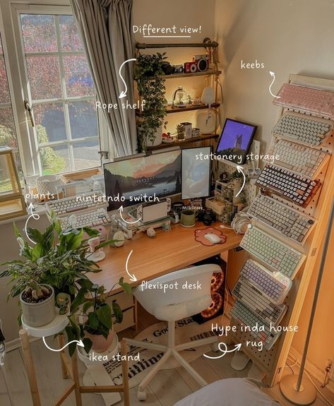 Small Space Pc Setup, Craft Table Set Up, Decorating Work Desk, Boho Pc Setup, Desk Setup In Front Of Window, Cottagecore Desk Setup, Computer Set Up, Study Desk Inspiration, Cintiq Setup