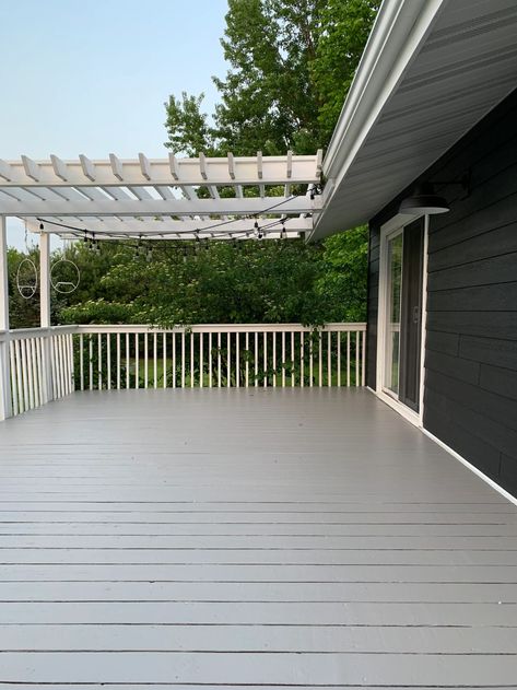 Deck Refresh Grey Deck Stain, Grey Deck Paint, Painted Wood Deck, Deck Refresh, Grey Deck, Deck Stain Colors, House Tweaking, Deck Railing Ideas, Solid Stain