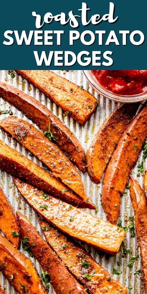 These crispy Roasted Sweet Potato Wedges are seasoned with garlic, chili powder, and Italian seasoning in this nutritious and delicious appetizer or side dish recipe! It's a huge hit every time. Sweet Potato Wedges Oven, Sweet Potato Fries Seasoning, Crispy Sweet Potato Wedges, Roasted Sweet Potato Wedges, Savory Sweet Potato Recipes, Fried Sweet Potato, Baked Sweet Potato Wedges, Sweet Potato Oven, Sweet Potato Seasoning