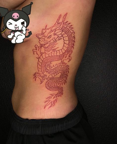 Rib Dragon Tattoo For Women, Red Dragon Rib Tattoo, Side Dragon Tattoos Women, Dragon On Side Tattoo, Red Dragon Tattoo For Women Thigh, Dragon Tattoo On Side Ribs, Dragon Tattoo For Women Ribcage, Dragon On Ribs Tattoo, Dragon Tattoo For Women Ribs