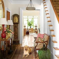 Entry Door Ideas, Grandfather's Clock, Country Kitchen Flooring, Country Kitchen Countertops, Southern Living Idea House, Country Style Dining Room, Southern Interior, Southern Home Interior, Farmhouse Front Door