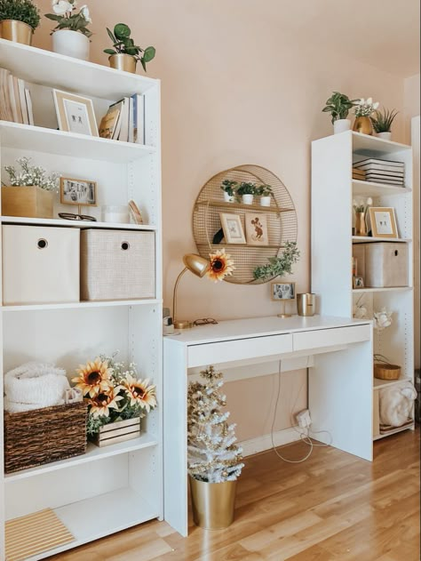 Bedroom Desk Bookshelf, White Desk With Bookshelf, White Desk With Bookshelves, White And Gold Bedroom Aesthetic With Plants, Pink White Gold Room Aesthetic, Teen Desk Shelves, Office Desk With Bookshelf, White And Wood Bookshelf, White And Gold Bedroom With Plants