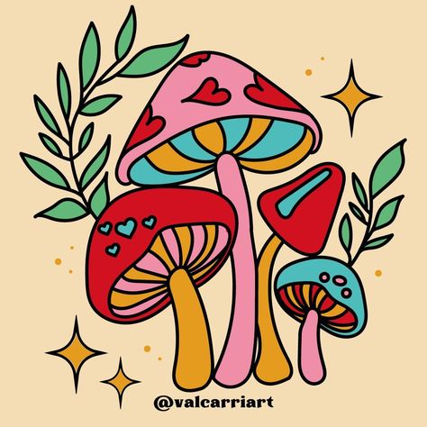 Boho Drawing Hippie Art Bohemian, Mushroom Drawing Simple Color, Pop Art Mushroom, Mushroom Design Art, Mushroom Marker Art, Groovy Mushroom Art, Painted Mushroom Pottery, Colorful Mushroom Drawing, Retro Mushroom Art