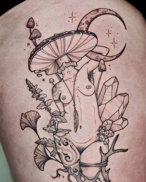 #CoolTattoos #TattooArt #InkMaster #TattooDesigns #InkedUp #TattooLovers #InkInspiration #TattooIdeas #CreativeInk #TattooStyle Lesbian Tattoos Ideas, Mushroom Goddess Tattoo, Mushroom Pinup Tattoo, Naked Mushroom Lady Drawing, Tattoos For Stoners, Mushroom Lady Drawing, Mushroom Lady Tattoo, Mushroom Line Art, Mushroom Goddess