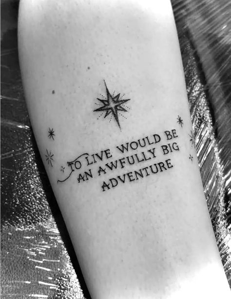 Neverland Map Tattoo, Universal Studios Tattoo Ideas, Tiny Peter Pan Tattoo, Treasure Planet Quote Tattoo, Mr Magoriums Wonder Emporium Tattoos, Peterpan Tattoo Small, Hook Movie Tattoo, To Live Would Be An Awfully Big Tattoo, Neverbeast Tattoo