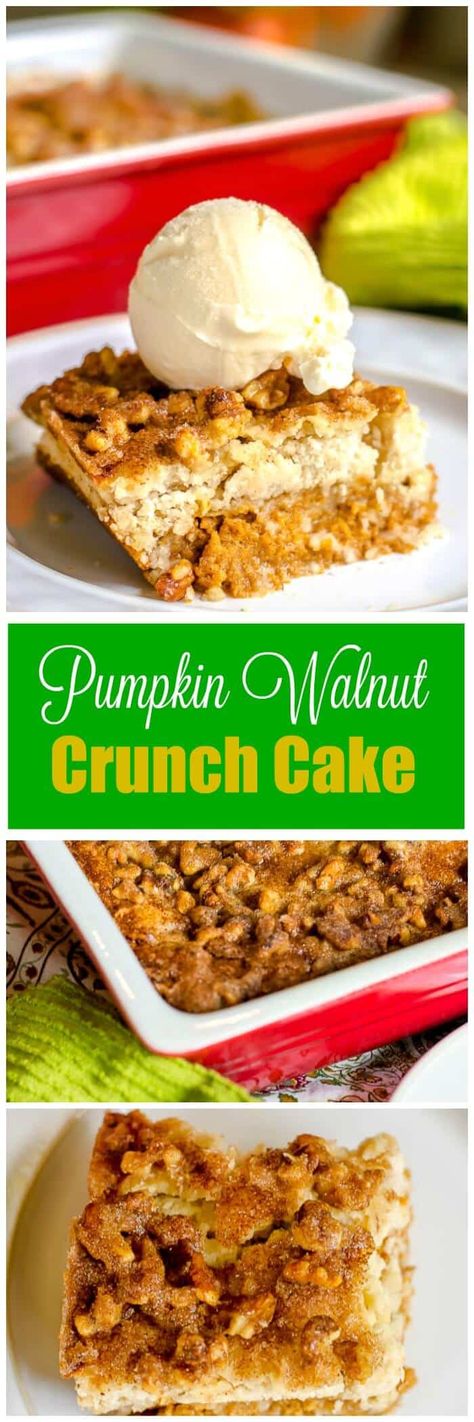 This sweet, creamy, crunchy Pumpkin Walnut Crunch Cake is similar to other Pumpkin Crunch Cake desserts but uses walnuts instead of pecans, and a homemade "cake mix" instead of a packaged cake mix, and includes a sprinkling of cinnamon sugar on top. Serve warm with ice cream for a crowd-pleasing Fall or Thanksgiving dessert! Cheesecake Bars Easy, Homemade Cake Mixes, Pumpkin Cobbler, Pumpkin Crunch Cake, Homemade Crust, Pumpkin Crunch, Dump Cake Pumpkin, Cinnamon Crunch, Crunch Cake