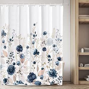 Tititex Aesthetic Navy Blue Floral Shower Curtain Sets, Watercolor Gold Flowers Leaves Bathroom Decorative 71x71 Inch Polyester Waterproof Fabric Bath Curtain with Hooks Farmhouse Shower Curtain, Farmhouse Shower, Bathroom Shower Curtain Sets, Bathroom Shower Curtain, Curtain Sets, Shower Curtain Sets, Waterproof Fabric, Bathroom Shower, Shower Curtain