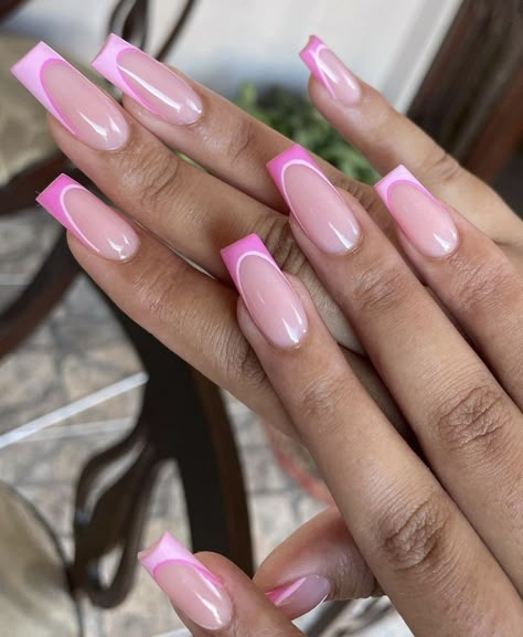 Ballerina Nails Pink French, Nails Square Pink French, Baby Pink French Nails, Got Pink French Tip Nails, Baby Pink Nails With Design, Barbie Pink French Tip Nails Square, Bubblegum Pink French Tip Nails, Two Color French Tip Nails, Pink French Nails