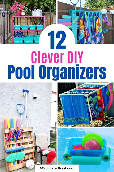 Pool Rack Ideas, Pool Supplies Storage Ideas Backyard, Diy Pool Supplies Storage Ideas, Storing Pool Toys, Diy Pool Accessories Storage, Store Pool Toys, Pool Station Ideas, Storing Pool Towels, Under Deck Pool Storage Ideas