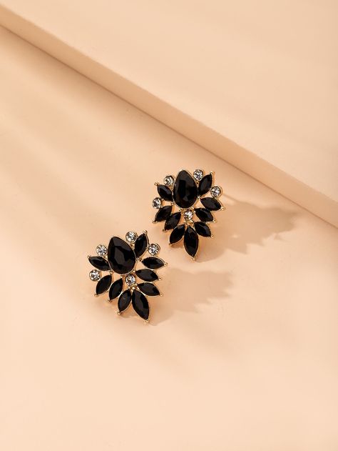 Black    Metal  Stud    Jewelry Black Aesthetic Earrings, Earrings With Black Dress, Black Earrings Elegant, Black Dessert, Black Stone Earrings, New Gold Jewellery Designs, Embellished Fashion, Jewelry Accessories Ideas, Stud Jewelry