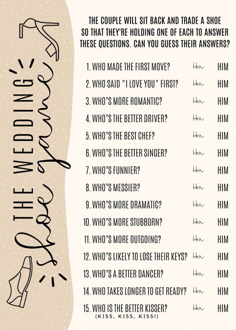 60 Wedding Shoe Game Questions + FREE Printable - Peachy Party Shoe Game Engagement Party, Wedding Games Printable, The Wedding Shoe Game Questions, Mr And Mrs Game Questions, Bridal Shower Shoe Game Questions, Shoe Wedding Game, Wedding Game Questions, Him Or Her Game Questions, The Shoe Game Wedding