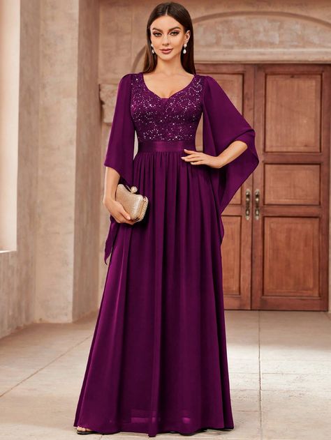 Deep V-Neck Sequin Insert Floral Lace Chiffon Formal Party Maxi Dress Maroon Party  Long Sleeve Lace Colorblock,All Over Print A Line Slight Stretch  Weddings & Events, size features are:Bust: ,Length: ,Sleeve Length: Maxi For Wedding, Dresses For Winter Wedding, Marine Ball Dresses, Simple Long Sleeve Dress, Maroon Lace Dress, Women Lace Dress, Chiffon Dress Long, Womens Prom Dresses, Maroon Dress