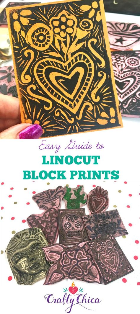 VIDEO: Linocut & Block Printing Tutorial - Crafty Chica Block Printing For Beginners, Beginner Block Printing, Diy Printmaking, Printmaking Lessons, Block Printing Diy, Linoleum Printing, Latinx Art, Block Carving, Printmaking Studio