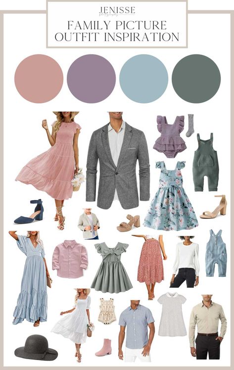 Family Photo Outfits Pastel Colors, Spring Family Photoshoot Outfits 2023, Family Picture Blue Color Schemes, Easter Picture Outfits Family, Spring Photo Shoot Color Schemes, Spring Wedding Family Outfits, Spring Family Pics Color Schemes, Spring Family Picture Color Palette, Dusty Purple Family Photos