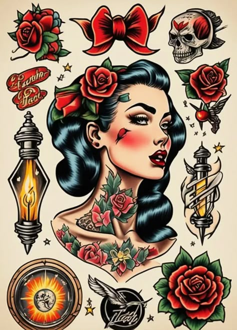 I will create flash sheet traditional tattoos, #tattoos, #Sponsored, #traditional, #sheet, #ad Old School Tattoo Design Traditional Styles Flash Art, 1940s Tattoos, Neo Traditional Flash Sheet, Pin Up Tattoos Traditional, Pin Up Tattoos For Women, American Traditional Pinup Tattoo, Tattoo Styles Oldschool, Traditional Tattoo Art Flash, Lady Traditional Tattoo