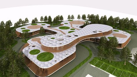 'four leaf clover kindergarten' is a design proposal by slovenian firm OFIS architects.  each leaf represents one department with associated facilities. the entrance leads to  the central part with the common areas, which are positioned and distributed in three  floors: a ground floor with the main entrance and outdoor central common playgrounds  for additional activities, the first floor with administration/offices and underground level  with kitchen, services and technical areas. Kindergarten Architecture, Kindergarten Design, Library Architecture, Areas Verdes, Kindergarten Lesson Plans, Architecture Concept Drawings, Architecture Design Concept, Outdoor Playground, Four Leaves