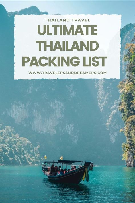 In this photo, you can see a Thai longtail boat on the Andaman Sea in between rocky mountains. The text says ' Ultimate Thailand Packing List'. Packing List 2 Weeks, Packing For Thailand, Travel Packing Lists, Packing Outfits, Thailand Travel Clothes, Thailand Packing List, Thailand Nightlife, Thailand Packing, Thailand Travel Destinations