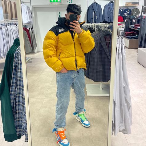 Yellow Puffer Jacket Outfit Men, Yellow Puffer Jacket Outfit, Yellow Puffer Jacket, Puffer Outfit, North Face Nuptse, Puffer Jacket Outfit, Jacket Outfits, Canada Goose Jackets, Mens Clothing Styles