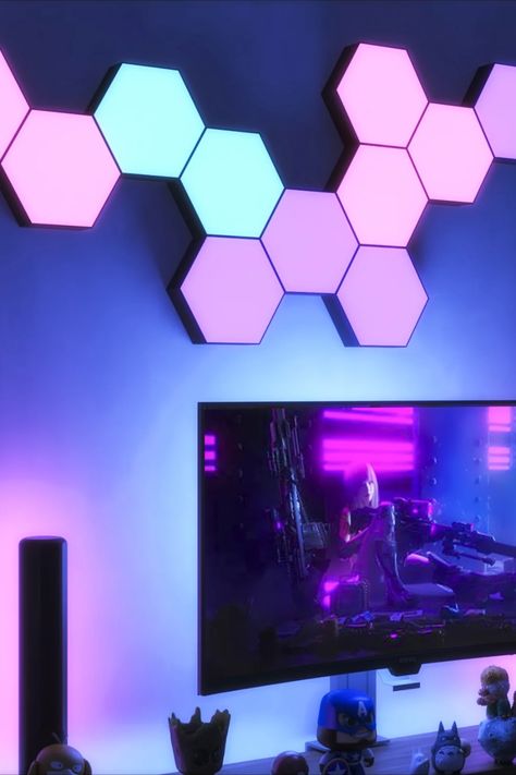 Light Up Hexagon Tiles, Boys Room Lights, Gaming Lights Design, Hexagon Wall Lights, Led Light House Aesthetic, Hexagon Lights Wall Design, Gaming Room Lights, Led Lights Room Ideas, Govee Led Light Ideas