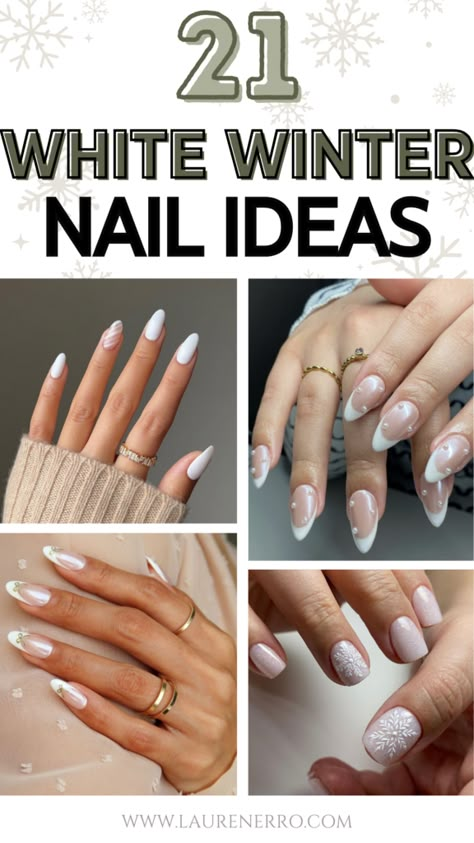 21 White Winter Nail Ideas | Lauren Erro White Nails Matte Short, Winter Engagement Nails Ideas, Winter Nails Round Shape, Seasonal Nails Winter, Winter White Nails Short, Holiday Engagement Nails, White Winter Nail Ideas, Winter White Nails Acrylic, Winter White Nails 2024