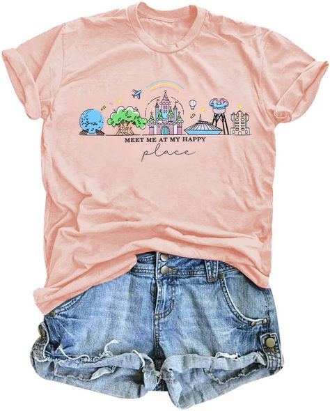 PRICES MAY VARY. MATERIAL: World traveler shirt for women is made of 60% polyester, 35% cotton, and 5% spandex, which fabric is breathable against your skin, keeping everything fresh and dry. FEATURES: Women magical castle graphic shirts. 'Meet Me At My Happy Place' letter print shirt. Funny spaceship, Earth, Big Thunder Mtn, Space Mtn, Splash Mtn graphic shirt, which is a magic kingdom inspired shirt. Cute style, Lightweight, classic fit, double-needle sleeve and bottom hem. OCCASION: Cute fami Magic Kingdom Castle, Kingdom Castle, Funny Vacation Shirts, Epcot Shirts, Country Music Shirts, Girls Vacation, Graphic Print Shirt, Disney Shirt, Funny Graphic Tees