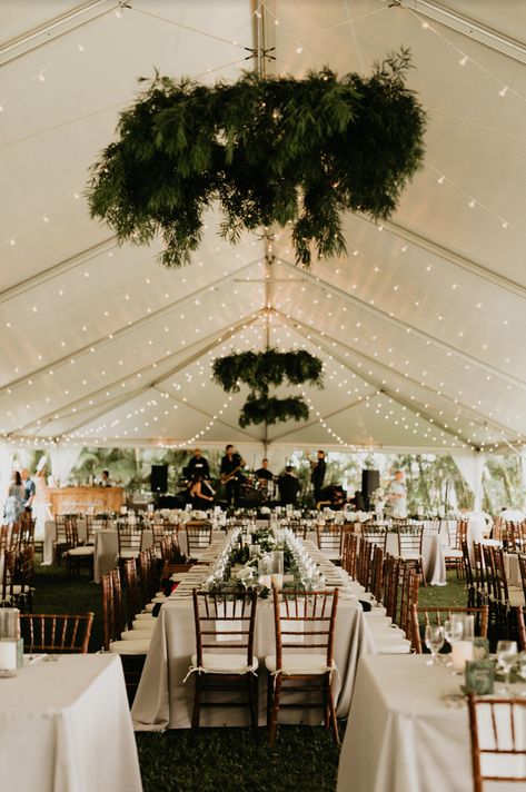 Reception Lights Indoor, Big White Wedding Tents, Outdoor Covered Wedding Reception, Neutral Wedding Venue Decor, Clear Tent With Lights And Greenery, How To Decorate A White Wedding Tent, Under Tent Wedding Reception, Tent Wedding With Lights, Frame Tent Wedding Reception