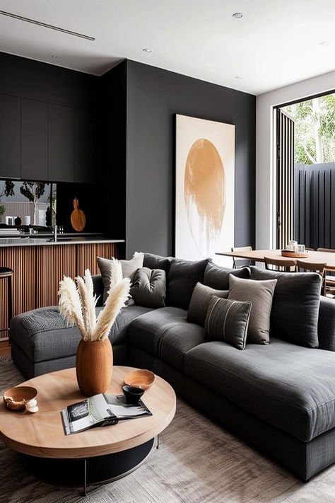 Airy Lounge Room, Living Room Decor For Dark Grey Couch, Accent Chairs For Dark Grey Couch, Slate Gray Couch Living Room, Dark Grey Leather Sofa Living Room Ideas, Contemporary Living Room Grey Couch, Modern Living Room Dark Couch, Rug For Dark Grey Couch, Modern Contemporary Living Room Apartment