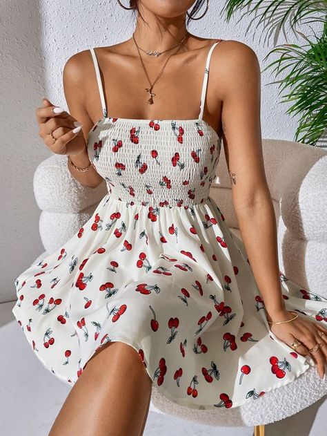 Shein Cherry Dress, Cute Cherry Dress, Cherry Dress Aesthetic, Cherry Dress Outfit, Boho Aesthetic Outfit, European Dresses, Fruit Dress, Housewife Dress, Cherry Print Dress