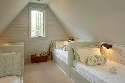 Shared gray attic kids' room is fitted with four light gray shiplap beds placed in pairs, in to end, against opposing walls. Designs Room, Attic Wardrobe, Attic Staircase, Attic Playroom, Attic Loft, Built In Bed, Built In Bunks, Attic Flooring, Attic Room