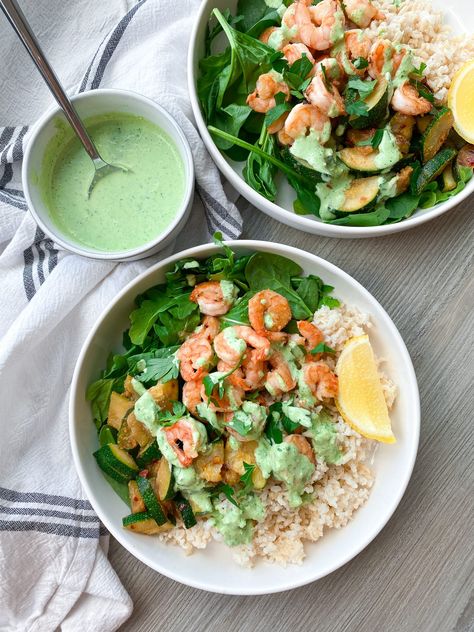 Green Goddess Shrimp Bowl Green Goddess Shrimp Bowl, Fluffy Brown Rice, Cooking Shrimp, Shrimp Bowl, Creamy Salad Dressing, Goddess Dressing, Green Goddess Dressing, Sauteed Zucchini, Meals Ideas