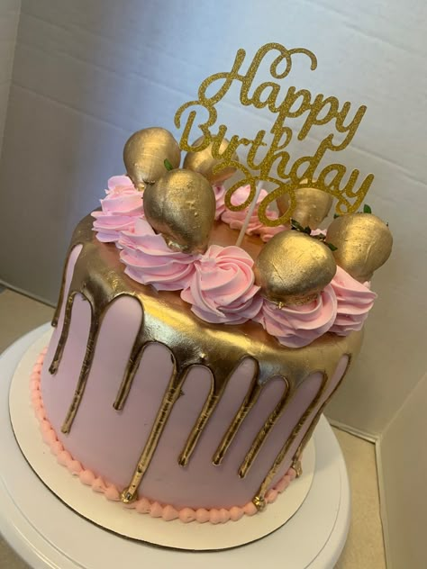 18th Birthday Cake Pink And Gold, Cakes For 60th Birthday For Women, 60th Birthday Cake For Women, Pink And Gold Cakes, Women Birthday Cakes, Cake With Gold Drip, Pink And Gold Birthday Cake, Sweet 16 Birthday Cakes, 25 Birthday Cake