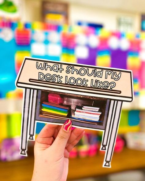 Organisation, Elementary Desk Organization, Elementary Teacher Desk Organization, 2nd Grade Desk Arrangement, Student Teaching Must Haves, Kindergarten Desk Organization, 2nd Grade Classroom Setup Desks, Classroom Desk Organization Student, Classroom Or Desk Organization Ideas