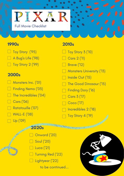 current complete Pixar film checklist. Including new releases 1995-2022. movie watch list rewatch. animated movies Toy story Monsters inc Finding Nemo The Incredibles Cars Ratatouille WALL-E Up Inside out Soul Luca Turning red Lightyear disney Pixar Movie Marathon, Disney Pixar Movies List, Disney Movie List 2022, Best Pixar Movies, Car Movies To Watch, 100 Disney Movies List, Disney Film Checklist, Dreamworks Animation Movies List, Disney Animated Movies List