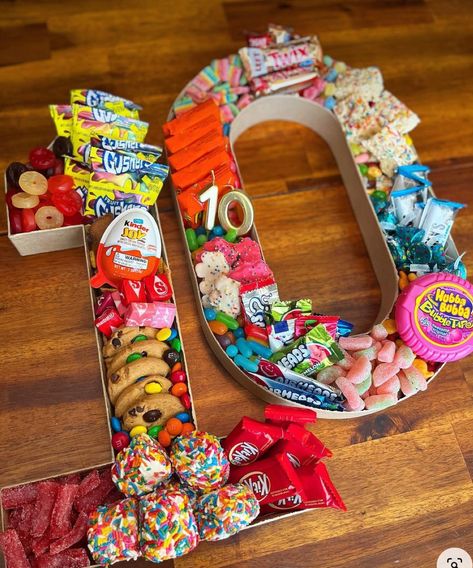 Candy Number Boxes, Diy Party Treats Birthday, Candy Charcuterie Board Ideas Birthday, Candy Charcuterie Letters, Number Candy Charcuterie Board, Hang Ten Birthday Party, Candy Charcuterie Board Birthday, 10th Bday Party Ideas, Cute 13th Birthday Party Ideas