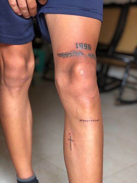 Thigh Script Tattoo Men, Leg Tattoos For Guys Ideas, Realism Tattoo Ideas For Men Leg, Jayden Armour Tattoo, Small Tattoos For Guys Leg, Quad Tattoos For Men, Under Knee Tattoo Men, Mens Quad Tattoo, Small Thigh Tattoos Men