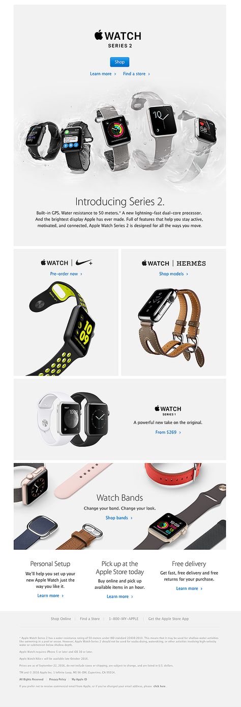 Apple Watch Series 2 is here - Really Good Emails Product Newsletter, Product Launch Email, Apple Ads, Promotions Design, Apple Advertising, Hermes Watch, Email Inspiration, Email Template Design, Email Design Inspiration