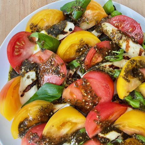 Great tomatoes and grilled halloumi go well with a drizzling of zaatar vinaigrette and fresh herbs. Cucumber Watermelon Salad, Weekend With Friends, Heirloom Tomato Salad, Grilled Halloumi, Summertime Recipes, Lime Vinaigrette, Summer Produce, Heirloom Tomato, Watermelon Salad