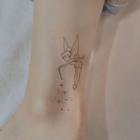 Dainty Tinkerbell Tattoo, Tinkerbell Silhouette Tattoo, Tinkerbell Tattoo Small Outline, Tinker Bell Tattoo Ideas, Small Tattoo Ideas Disney, Delicate Disney Tattoo, Disney Aesthetic Tattoo, Cute Tattoos Disney, Tinker Bell Tattoos For Women