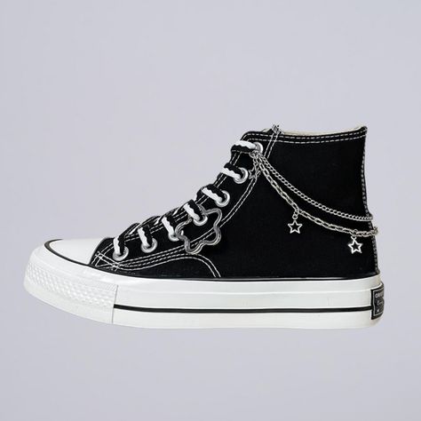 Shoes For Going Out, Black Aesthetic Shoes, Rockstar Shoes, Customized Converse, Emo Shoes, Dark Shoes, Hightop Shoes, Cool Converse, Shoes Y2k