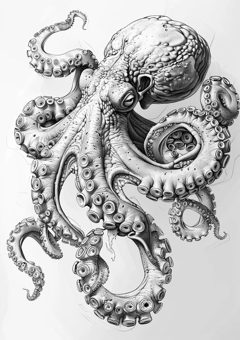 Octopus Art Reference, Octopus Tattoos Drawing, Octopus Holding Something, Giant Pacific Octopus Drawing, Kraken Back Tattoo, Octopus Tattoo Sketch, Cool Octopus Drawing, Jellyfish Tattoo Sketch, Octopus Pen Drawing