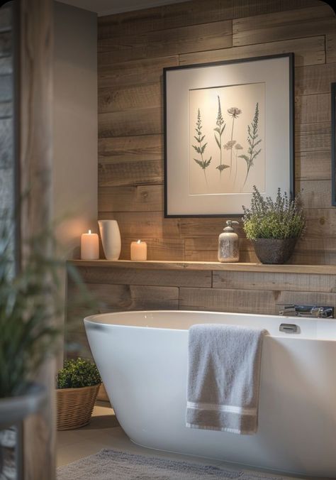 Cozy Clean Bathroom Ideas, Rustic Modern Bathroom Decor, Masterbath Ideas Decor, Earthly Bathroom, Rustic Organic Home Decor, Shelf Above Tub, Bathtub Shelf Ideas, Modern Bathrooms Designs, Hygge Bathroom Ideas