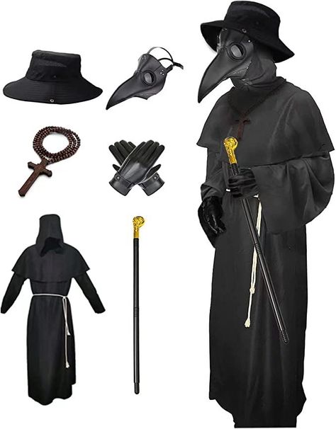 【6 IN 1】Package included all you need : Bucket hat,Leather plague mask,Black robe ,Wooden cross necklace,Gloves and Scepter Plague Dr, Beak Mask, Doctor Halloween, Plague Doctor Costume, Plague Mask, Plague Doctor Mask, Doctor Costume, Doctor Outfit, Doctor Mask