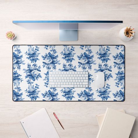 blue and white floral,vintage floral,elegant chic floral,blue and white roses,old fashioned roses,china blue roses,farmhouse floral,blue vintage roses,french floral,blue floral deskmat White Desk Office, Blue Desk, Floral Toile, Blue Office, Coral Pattern, Pastel Pattern, White Office, China Blue, Floral Vase