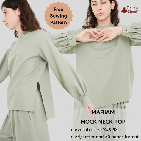 Mariam mock neck hi low top – Free PDF sewing pattern – Tiana's Closet Mock Neck Shirt Pattern, Long Sleeve Top Sewing Pattern Free, Top Free Pattern Sewing, Boxy Top Pattern, Clothing Pattern Design, Free Pattern Download, Save The Earth, Upcycle Sewing, Free Pdf Sewing Patterns